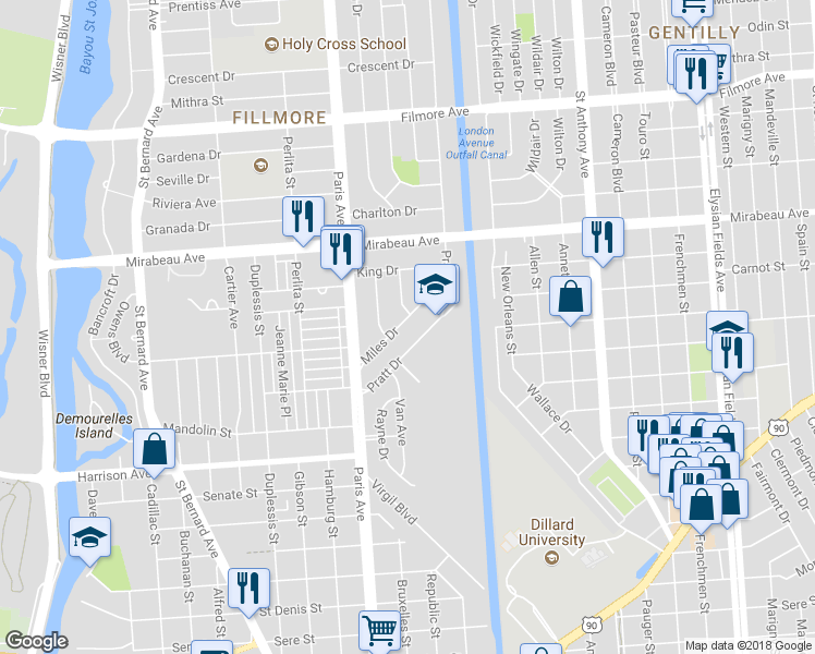 map of restaurants, bars, coffee shops, grocery stores, and more near 4817 Miles Drive in New Orleans