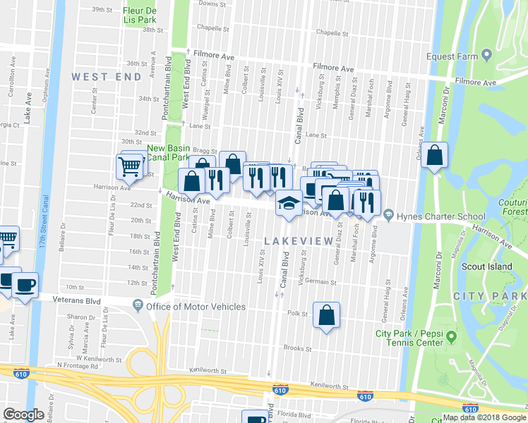 map of restaurants, bars, coffee shops, grocery stores, and more near 530 Harrison Avenue in New Orleans