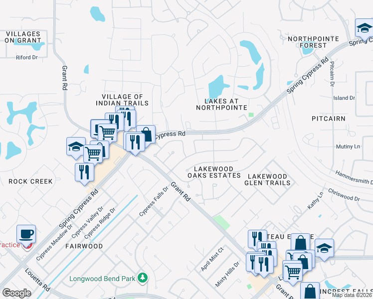 map of restaurants, bars, coffee shops, grocery stores, and more near 13906 Oak Spring Road in Cypress