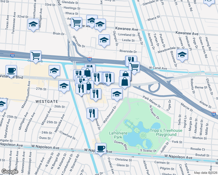 map of restaurants, bars, coffee shops, grocery stores, and more near 6820 Veterans Memorial Boulevard in Metairie