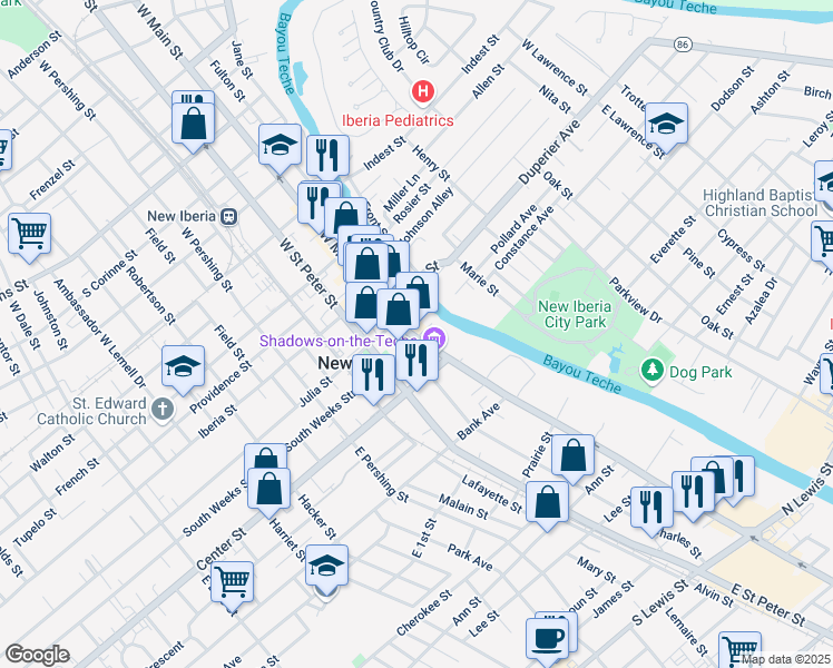 map of restaurants, bars, coffee shops, grocery stores, and more near 223 East Main Street in New Iberia