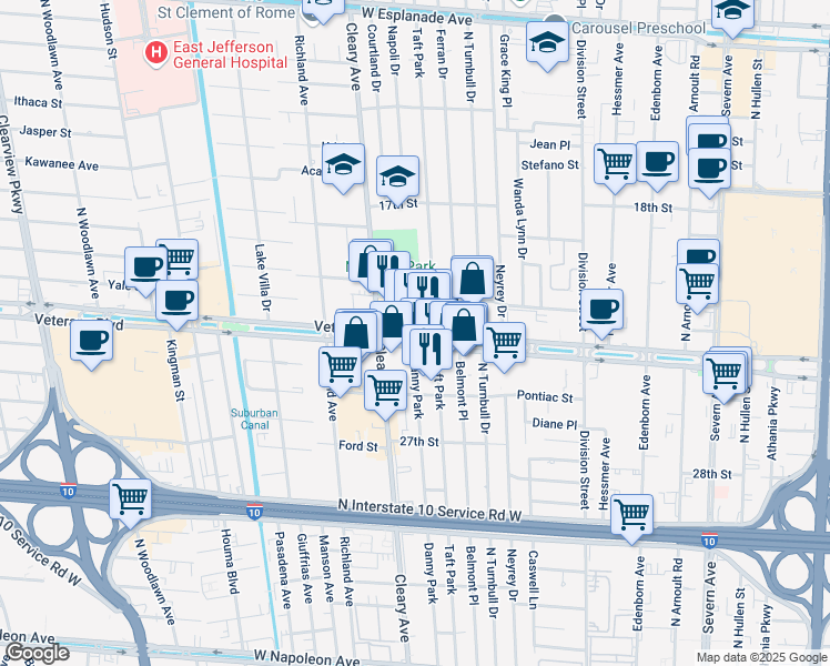 map of restaurants, bars, coffee shops, grocery stores, and more near in Metairie