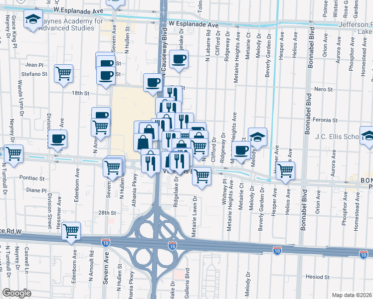 map of restaurants, bars, coffee shops, grocery stores, and more near 2901 Ridgelake Drive in Metairie