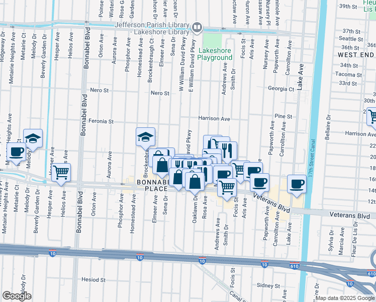 map of restaurants, bars, coffee shops, grocery stores, and more near 708 East William David Parkway in Metairie