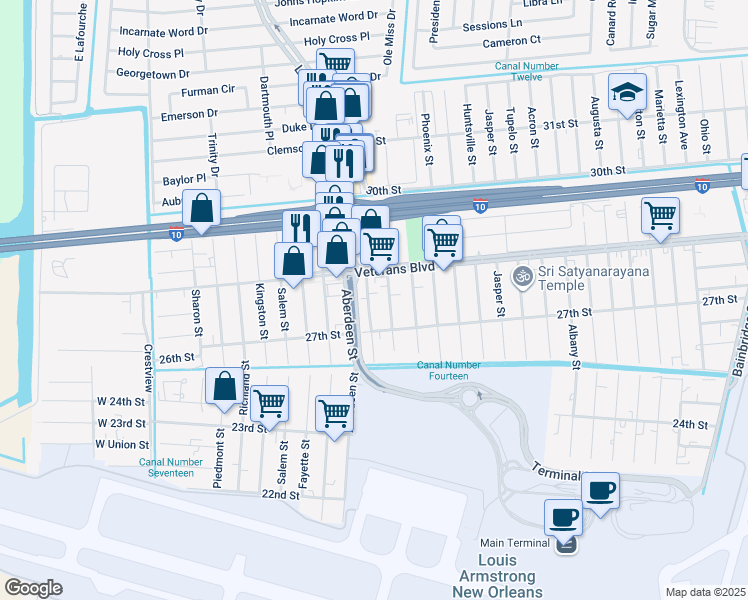 map of restaurants, bars, coffee shops, grocery stores, and more near 2717 Decatur Street in Kenner