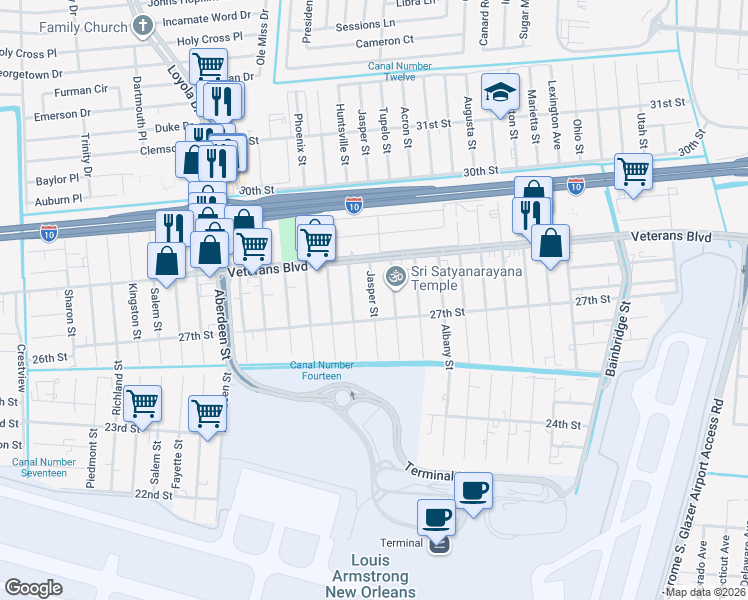 map of restaurants, bars, coffee shops, grocery stores, and more near 2718 Jasper Street in Kenner