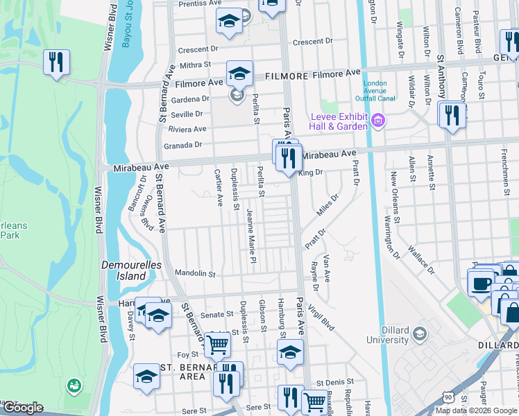 map of restaurants, bars, coffee shops, grocery stores, and more near 4524 Perlita Street in New Orleans