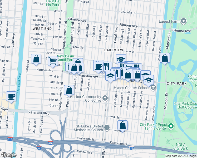 map of restaurants, bars, coffee shops, grocery stores, and more near 530 Harrison Avenue in New Orleans