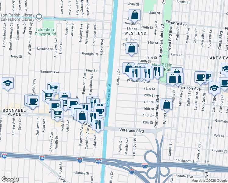 map of restaurants, bars, coffee shops, grocery stores, and more near 6201 Bellaire Drive in New Orleans