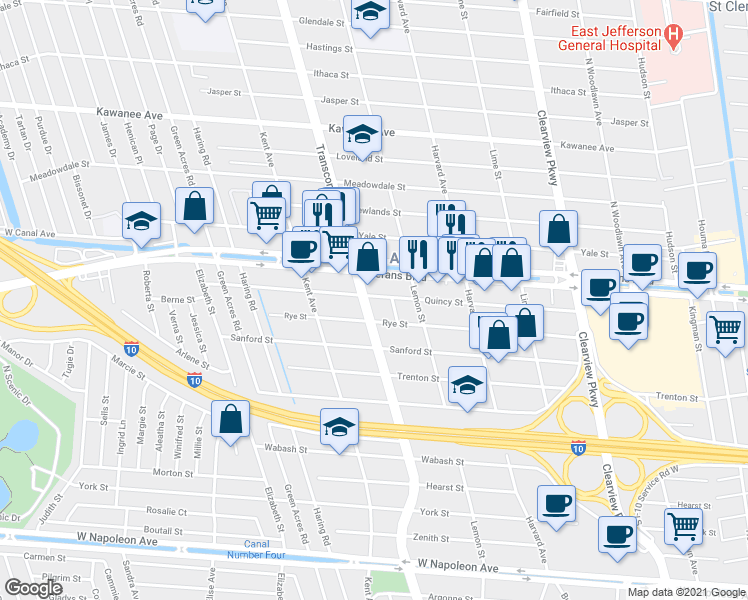 map of restaurants, bars, coffee shops, grocery stores, and more near 6 Quincy Street in Metairie