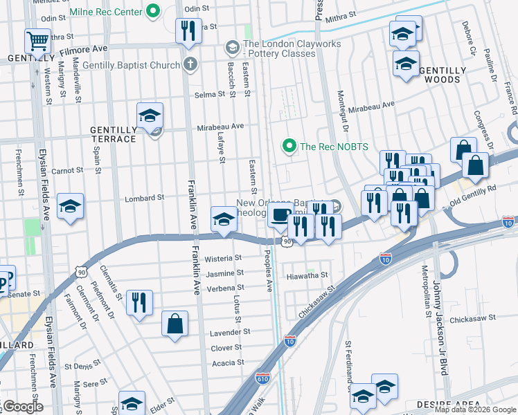 map of restaurants, bars, coffee shops, grocery stores, and more near 4431 Eastern Street in New Orleans