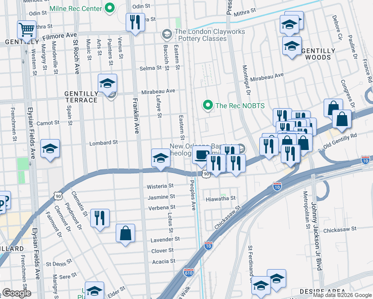 map of restaurants, bars, coffee shops, grocery stores, and more near 4431 Eastern Street in New Orleans