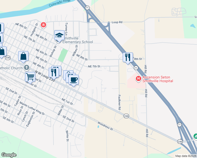 map of restaurants, bars, coffee shops, grocery stores, and more near 111 Callie Street in Smithville