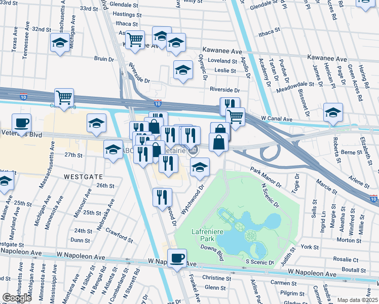 map of restaurants, bars, coffee shops, grocery stores, and more near 6820 Veterans Memorial Boulevard in Metairie