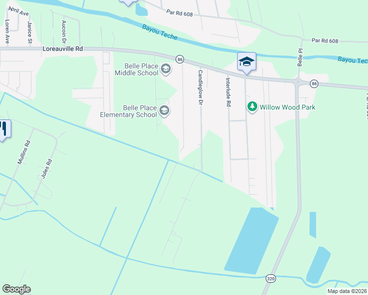 map of restaurants, bars, coffee shops, grocery stores, and more near 2 Dorsey Road in New Iberia
