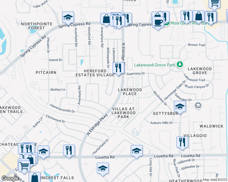 map of restaurants, bars, coffee shops, grocery stores, and more near 16123 North Eldridge Parkway in Tomball