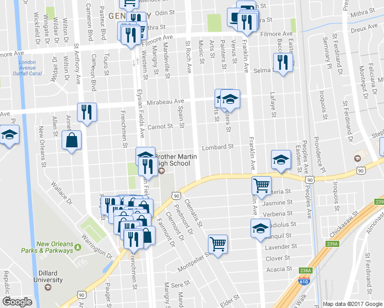 map of restaurants, bars, coffee shops, grocery stores, and more near 4480 Saint Roch Avenue in New Orleans