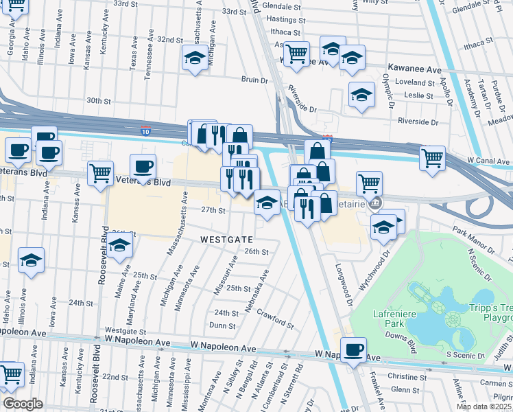 map of restaurants, bars, coffee shops, grocery stores, and more near 2730 Montana Avenue in Metairie