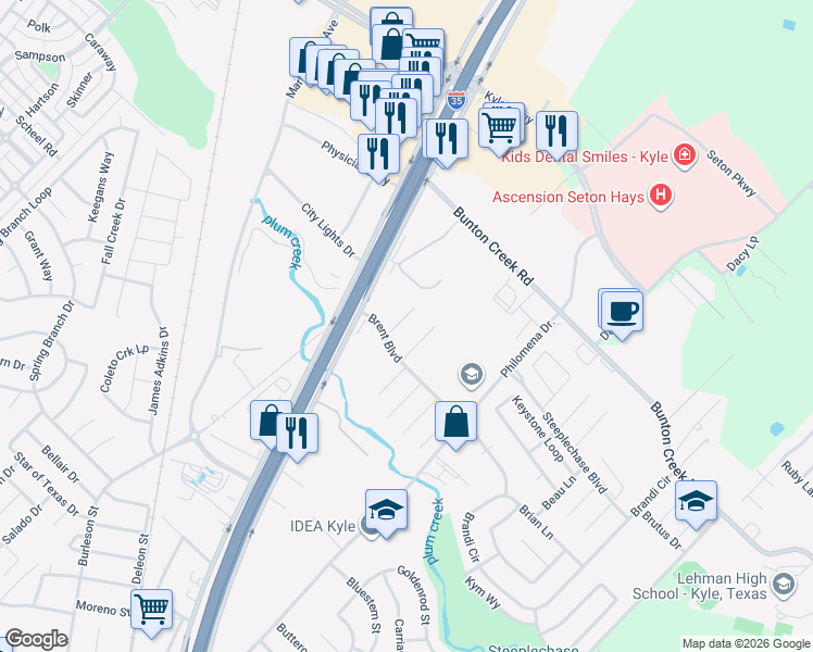 map of restaurants, bars, coffee shops, grocery stores, and more near 144 Lex Word Lane in Kyle