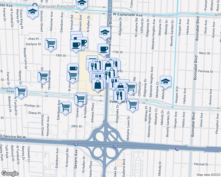 map of restaurants, bars, coffee shops, grocery stores, and more near 2901 North Causeway Boulevard in Metairie