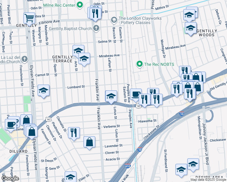 map of restaurants, bars, coffee shops, grocery stores, and more near 4461 Lafaye Street in New Orleans