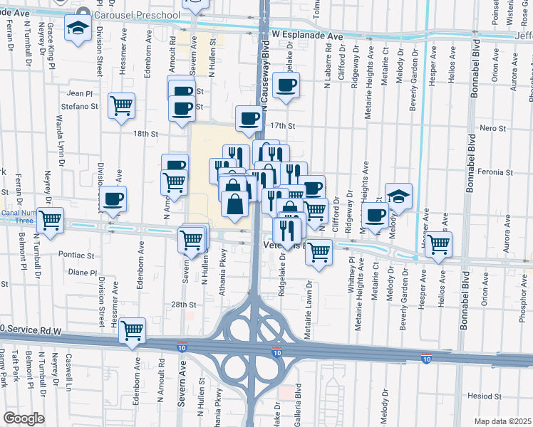 map of restaurants, bars, coffee shops, grocery stores, and more near 2901 North Causeway Boulevard in Metairie