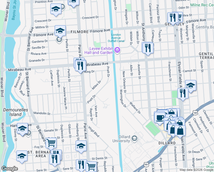 map of restaurants, bars, coffee shops, grocery stores, and more near 1748 Pratt Drive in New Orleans
