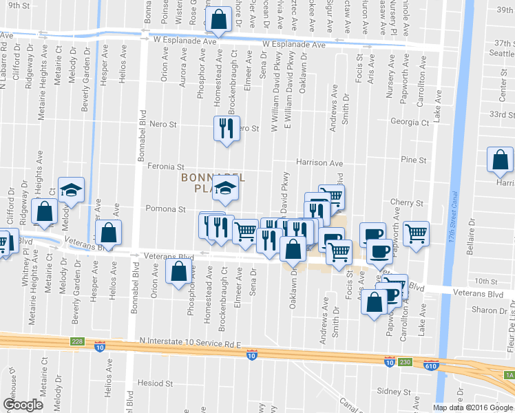 map of restaurants, bars, coffee shops, grocery stores, and more near 805 Sena Drive in Metairie