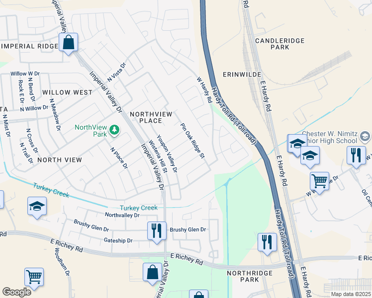 map of restaurants, bars, coffee shops, grocery stores, and more near 1211 Pecan Green Way in Houston