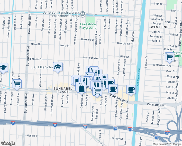 map of restaurants, bars, coffee shops, grocery stores, and more near 813 Martin Behrman Avenue in Metairie