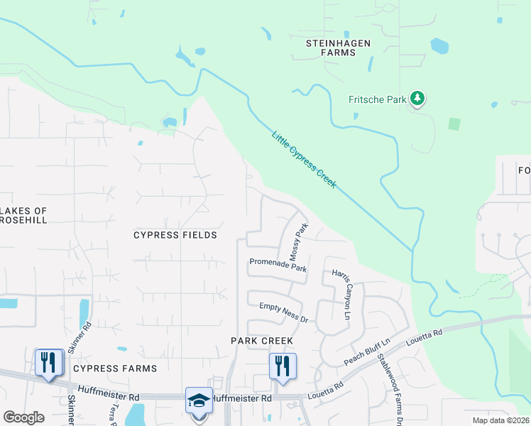 map of restaurants, bars, coffee shops, grocery stores, and more near 15630 Whispering Green Drive in Cypress