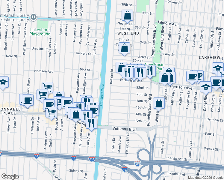 map of restaurants, bars, coffee shops, grocery stores, and more near 6201 Bellaire Drive in New Orleans