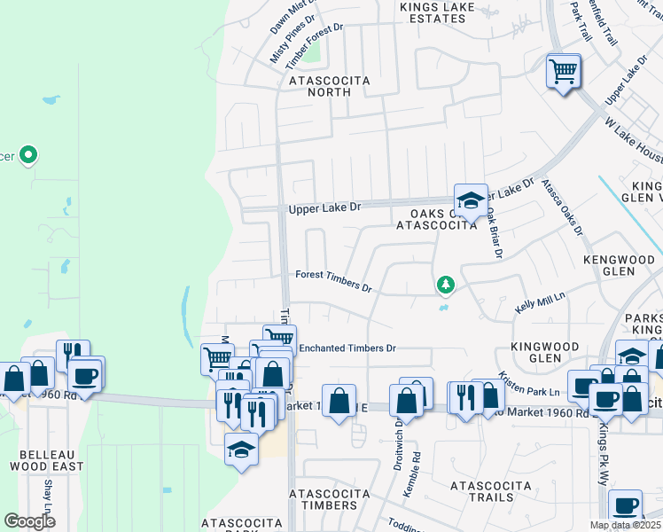 map of restaurants, bars, coffee shops, grocery stores, and more near 19506 Spoonwood Drive in Humble