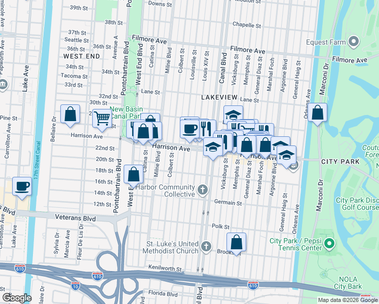 map of restaurants, bars, coffee shops, grocery stores, and more near 530 Harrison Avenue in New Orleans