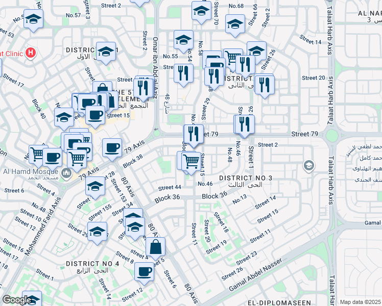 map of restaurants, bars, coffee shops, grocery stores, and more near 122 No.45 in New Cairo 1