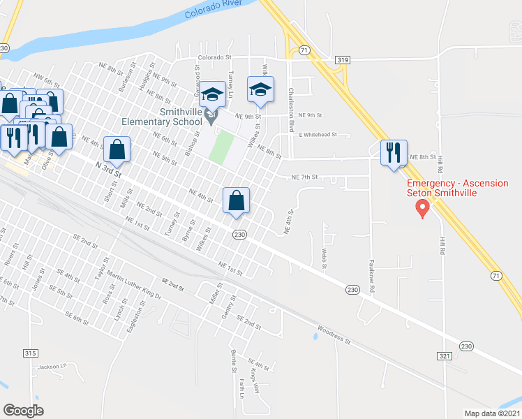 map of restaurants, bars, coffee shops, grocery stores, and more near 408 Marburger Street in Smithville