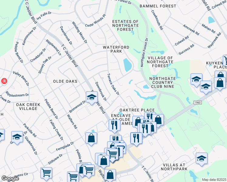 map of restaurants, bars, coffee shops, grocery stores, and more near 15015 Terrace Oaks Drive in Houston