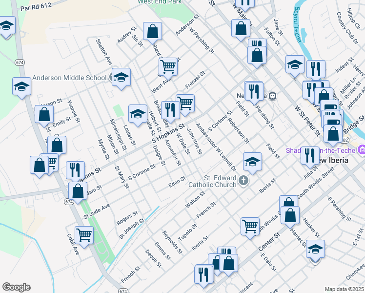 map of restaurants, bars, coffee shops, grocery stores, and more near 501 West Dale Street in New Iberia