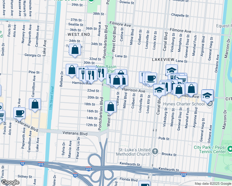 map of restaurants, bars, coffee shops, grocery stores, and more near 6222 Catina Street in New Orleans