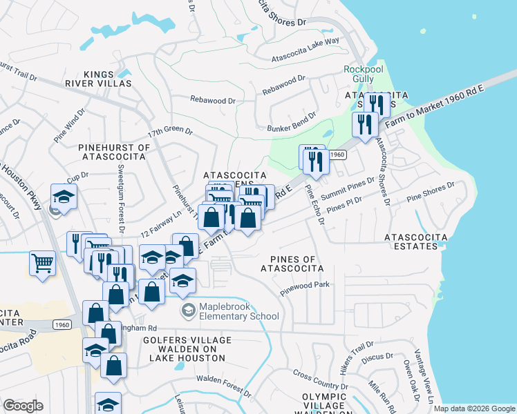 map of restaurants, bars, coffee shops, grocery stores, and more near 8305 Farm to Market 1960 Road East in Humble