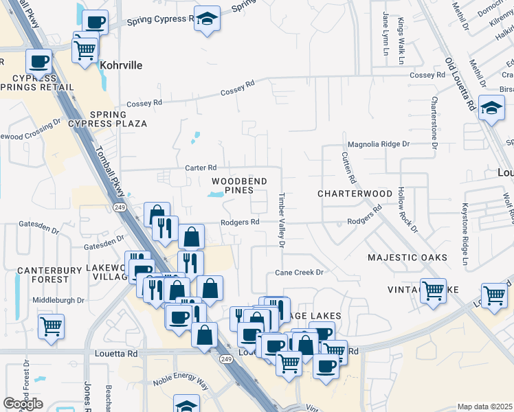 map of restaurants, bars, coffee shops, grocery stores, and more near 10015 Silverwood Way in Houston