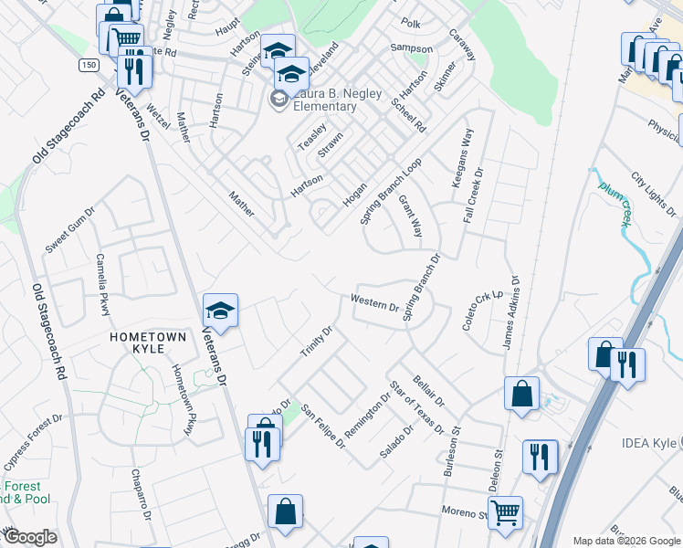 map of restaurants, bars, coffee shops, grocery stores, and more near 110 Western Drive in Kyle