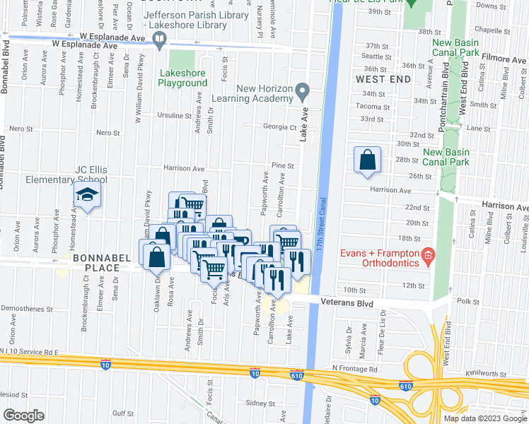 map of restaurants, bars, coffee shops, grocery stores, and more near 1051 Papworth Avenue in Metairie