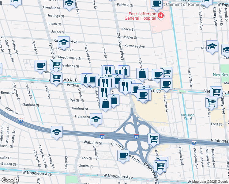 map of restaurants, bars, coffee shops, grocery stores, and more near 4640 Veterans Memorial Boulevard in Metairie