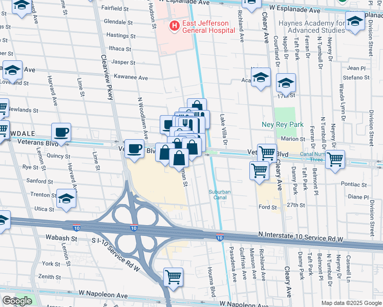 map of restaurants, bars, coffee shops, grocery stores, and more near Veterans Blvd & Houma Blvd in Metairie