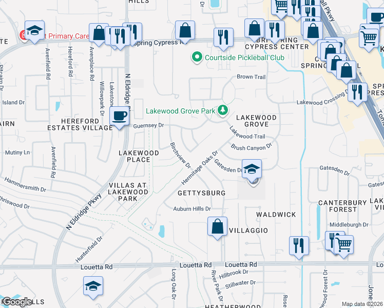 map of restaurants, bars, coffee shops, grocery stores, and more near 15802 Deerpath Court in Tomball