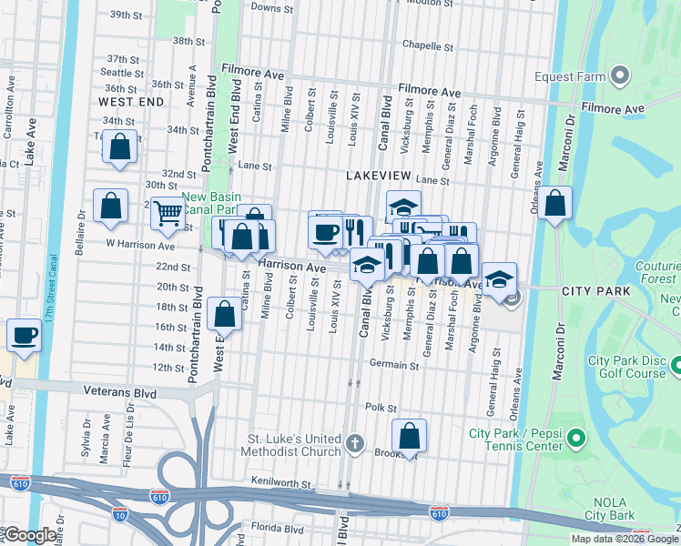 map of restaurants, bars, coffee shops, grocery stores, and more near 530 Harrison Avenue in New Orleans