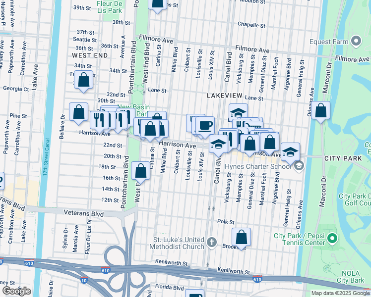 map of restaurants, bars, coffee shops, grocery stores, and more near 6269 Colbert Street in New Orleans