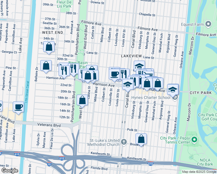 map of restaurants, bars, coffee shops, grocery stores, and more near 6269 Colbert Street in New Orleans