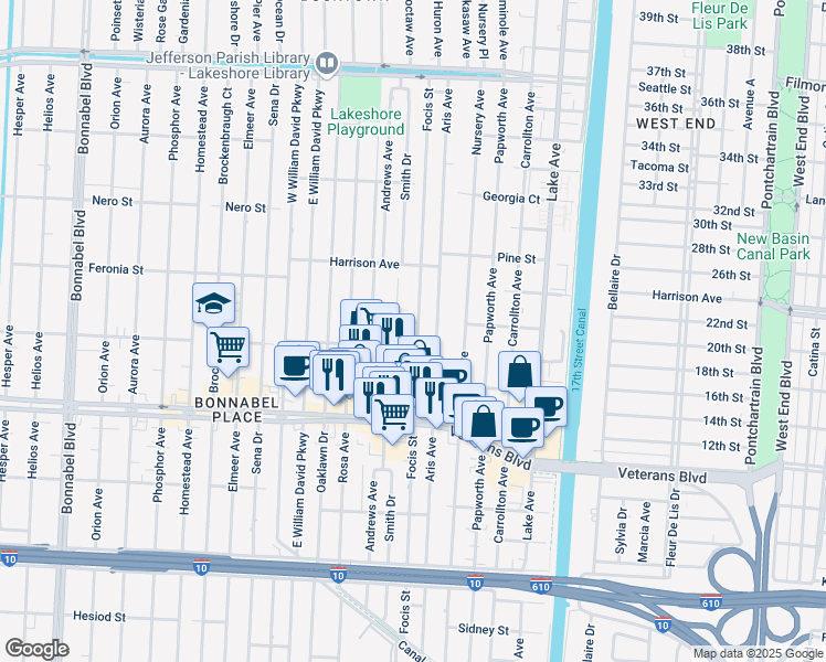 map of restaurants, bars, coffee shops, grocery stores, and more near 1033 Focis Street in Metairie